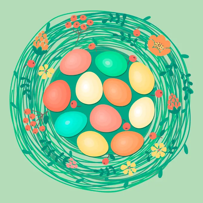 Happy Easter card with colored eggs in nest. Vector illustration.