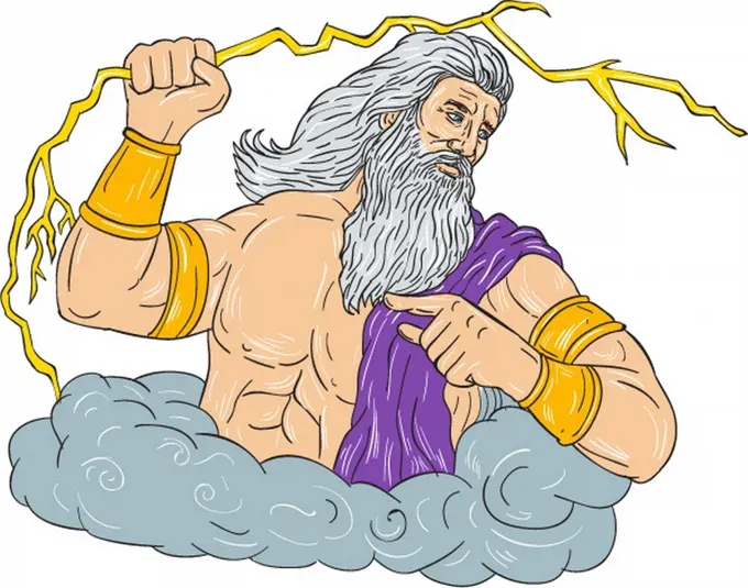 Drawing sketch style illustration of Zeus, Greek god of the sky and ruler of the Olympian gods wielding holding a thunderbolt lightning looking to the side set on isolated white background. 