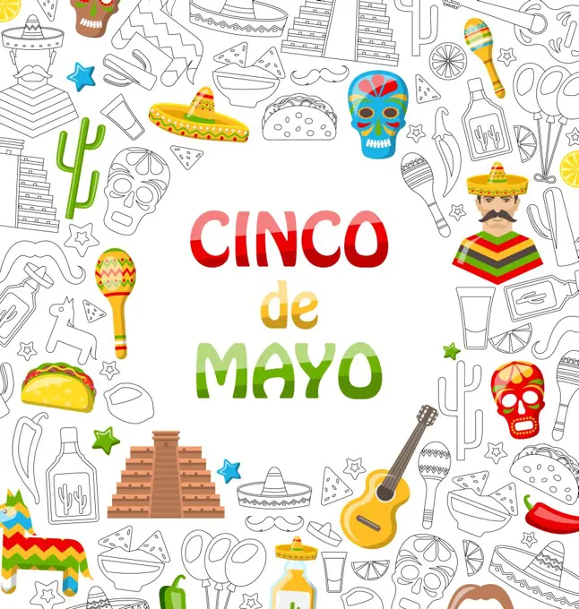 Holiday Background with Collection Mexican Colorful Icons, Objects and Symbols. Illustration Holiday Background with Collection Mexican Colorful Icons, Objects and Symbols for Cinco de Mayo - Vector