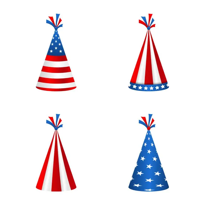 Set Party Hats with Flag of the United States of America. Accessory for American Holidays. Set Party Hats with Flag of the United States of America. Accessory for American Holidays. Objects Isolated on White Background - Illustration Vector