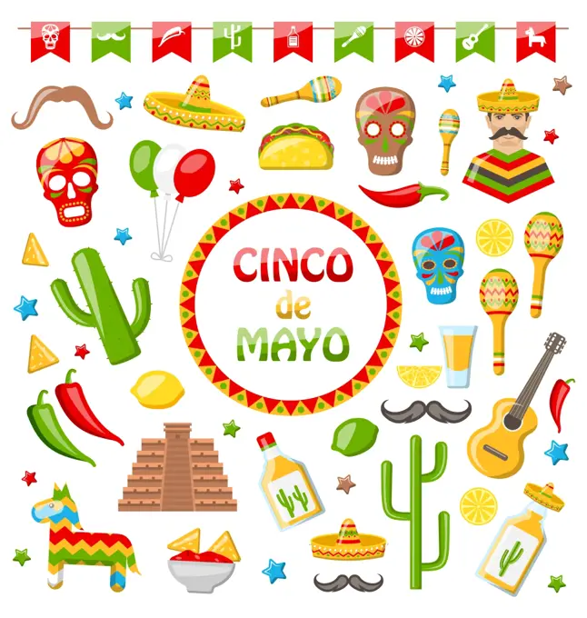 Collection of Mexican Icons Isolated on White Background. Illustration Collection of Mexican Icons Isolated on White Background. Objects and Symbols for Cinco de Mayo - Vector