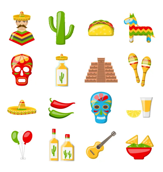 Set of Mexico Icons Isolated on White Background. Illustration Set of Mexico Icons Isolated on White Background. Mexican Objects and Symbols - Vector
