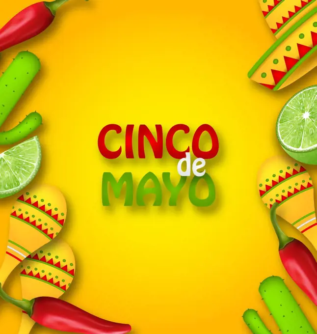Cinco De Mayo Background with Mexican Traditional Symbols. Illustration Cinco De Mayo Background with Mexican Traditional Symbols. Chili Pepper, Sombrero Hat, Maracas, Piece of Lime, Cactus - Vector