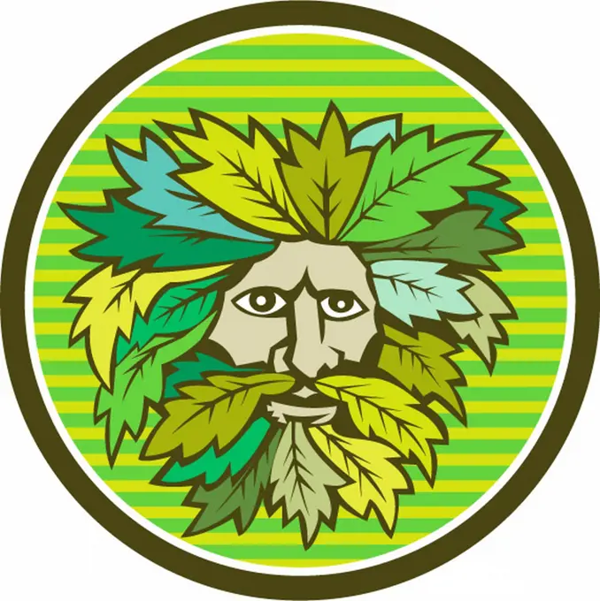 Illustration of a Green Man foliate head with face with flowing hair and leaves growing at tips viewed from front done in retro style.. Green Man Foliate Head Circle Retro