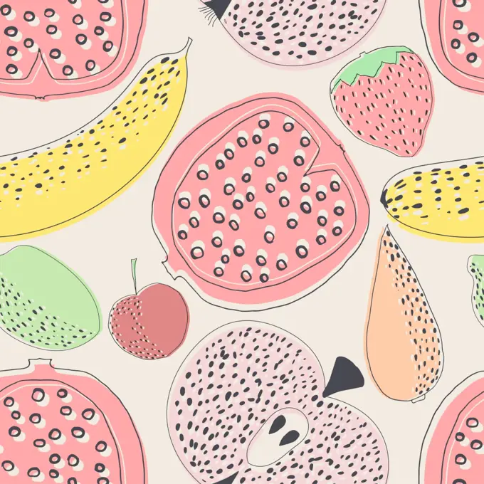 Seamless pattern with fruit. Colorful seamless pattern with fruits and vegetables: pomegranate, banana, apple, cherry, strawberry, carrot. Stock vector