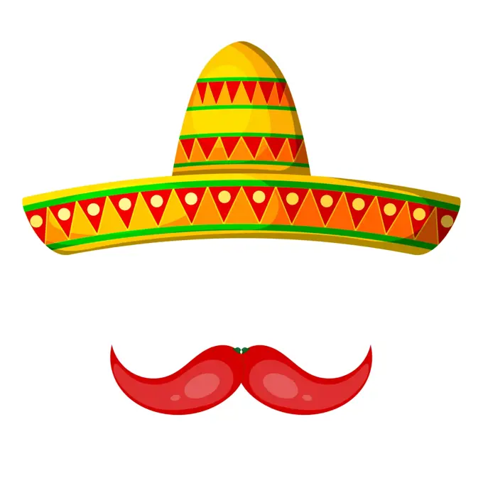 Colored Cartoon sombrero and pepper mustache on a white background. Isolate. Hat - &#xA;element of the national Mexican clothing. Stock vector