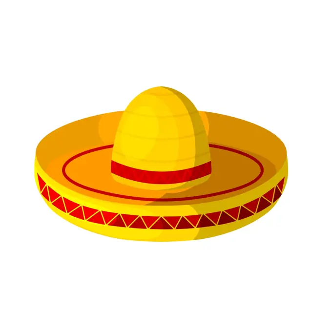 Colored Cartoon sombrero on a white background. Isolate. Wide-brimmed hat - element of &#xA;the national Mexican clothing. Stock vector
