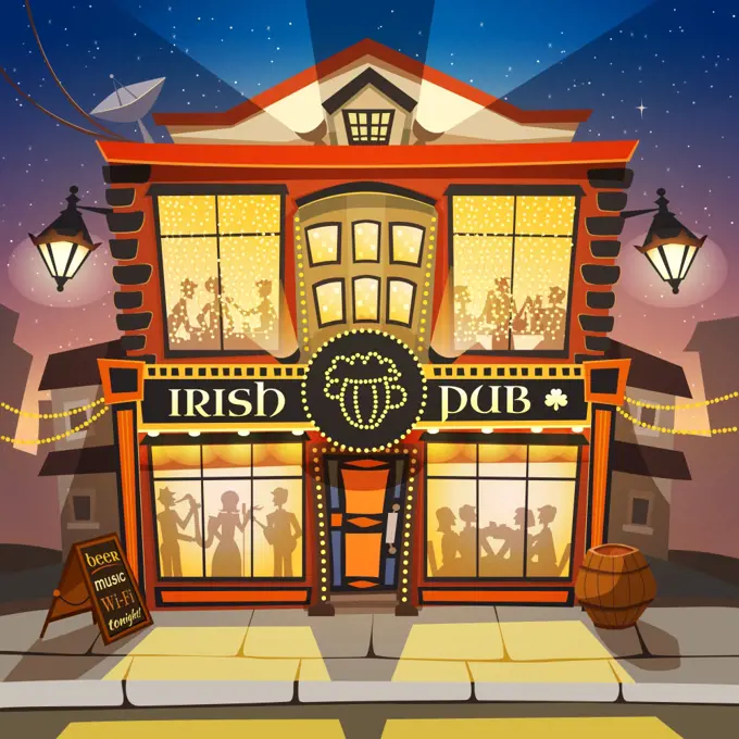 Irish Pub Cartoon Illustration . Irish Pub Cartoon Background.  Irish Pub Building Vector Illustration.  Irish Pub Design. Irish Pub Decorative Illustration. 