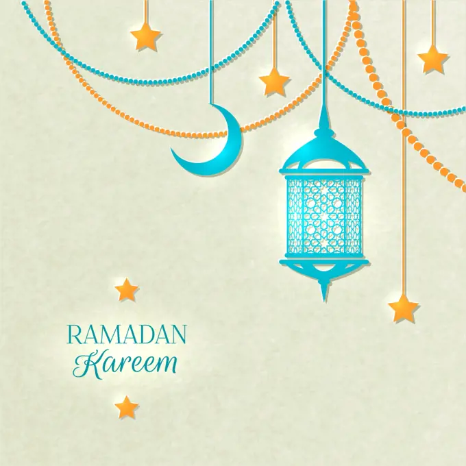 Ramadan Light Color Poster. Ramadan light color poster with beads yellow lamp and stars hanging from the ceiling on gray background vector illustration