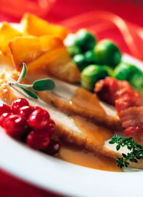 Close-up of roasted turkey slices and red currants on a plate