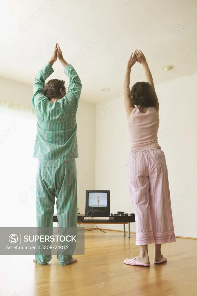 Middle-aged couple exercising to a TV program