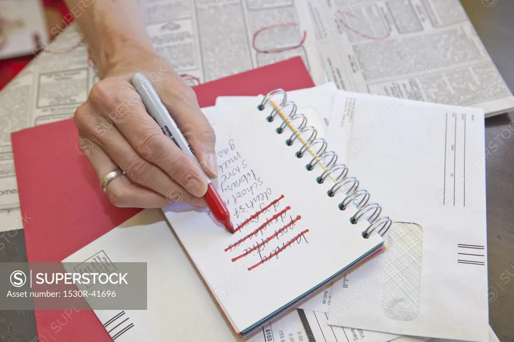 Woman making list in small notebook,