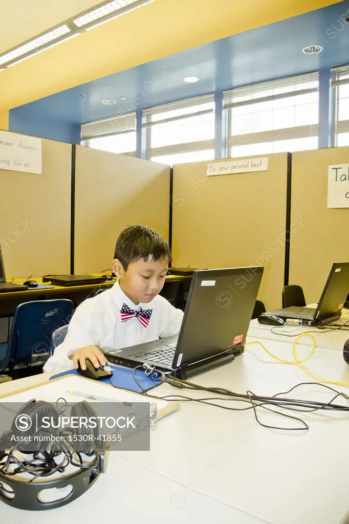 Young boy seated at school laptop in computer lab,
