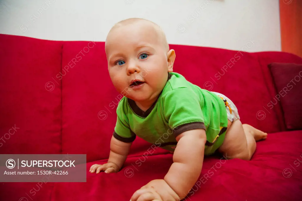 Baby crawling on red sofa
