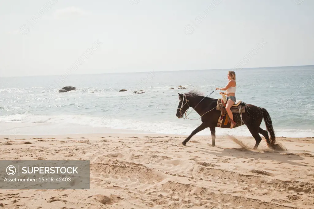 Young woman riding horse on beach