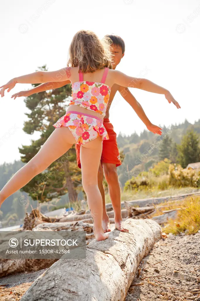 Two children balancing on driftwood log