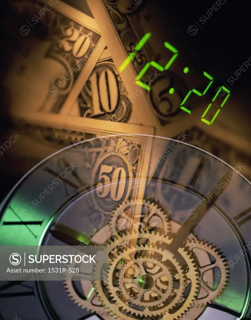 Gears of a clock with paper money in the background
