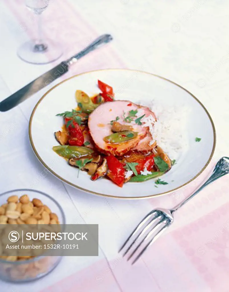 Smoked pork loin with Asian vegetables and rice