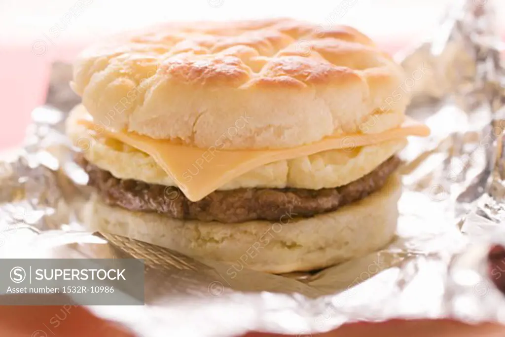 Cheeseburger with scrambled egg on aluminium foil