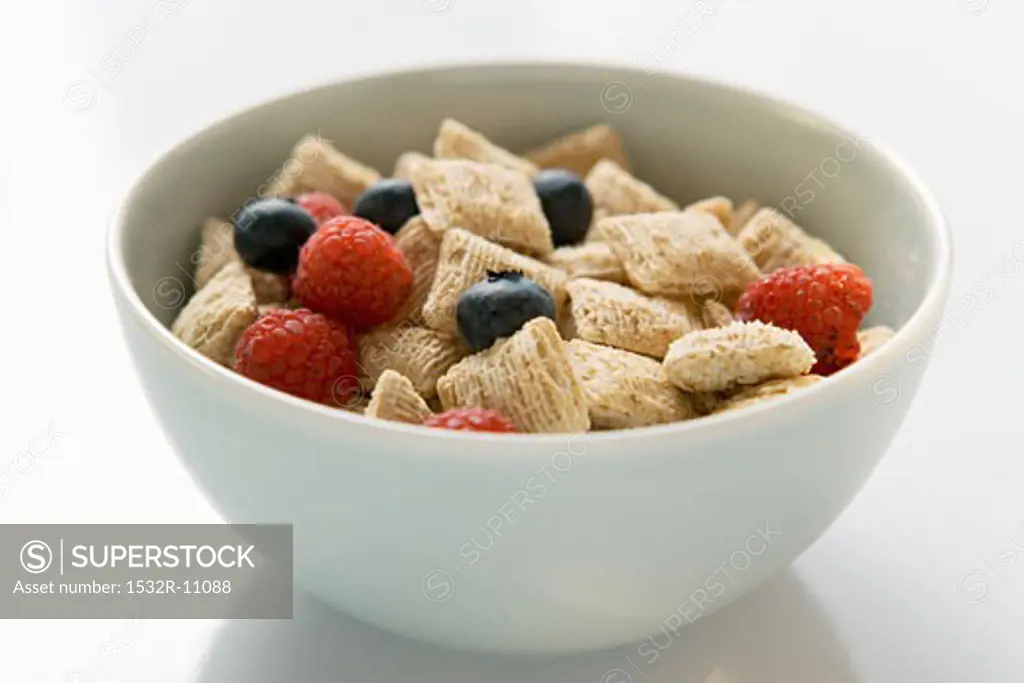 Shredded wheat cereal and berries in a cereal bowl