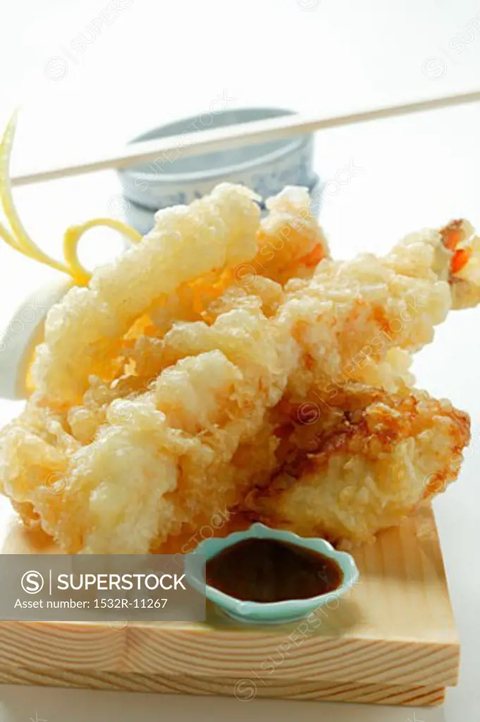 Shrimp and vegetable tempura; soy sauce