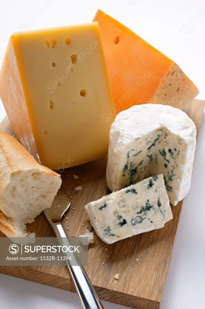 Various types of cheese on chopping board