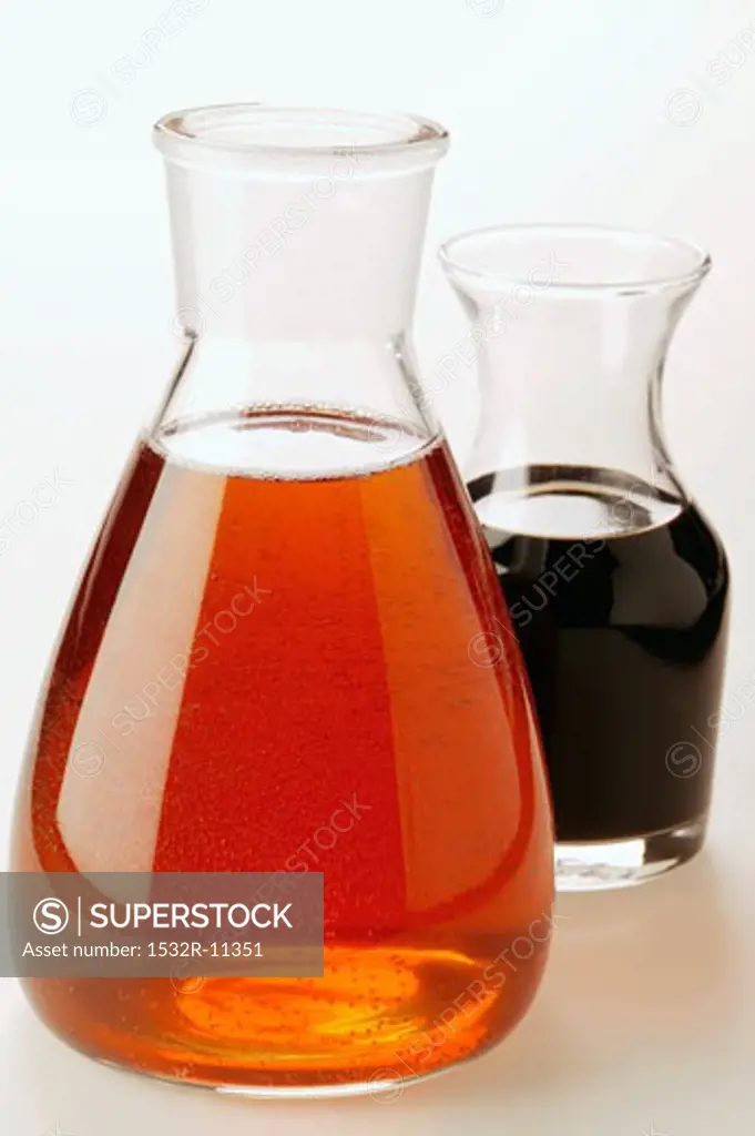 Sesame oil and balsamic vinegar in carafes