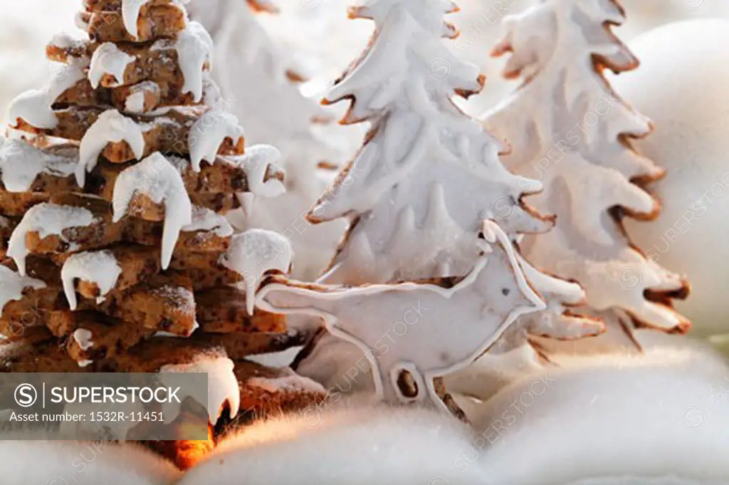 Winter forest scene with gingerbread trees and bird (2)