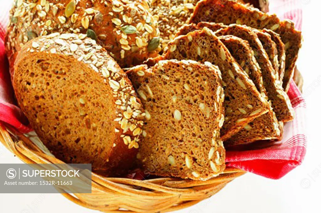 Various types of wholemeal bread in bread basket