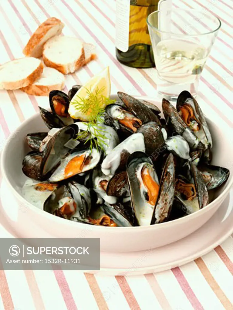 Mussels in dill sauce; white wine; baguette