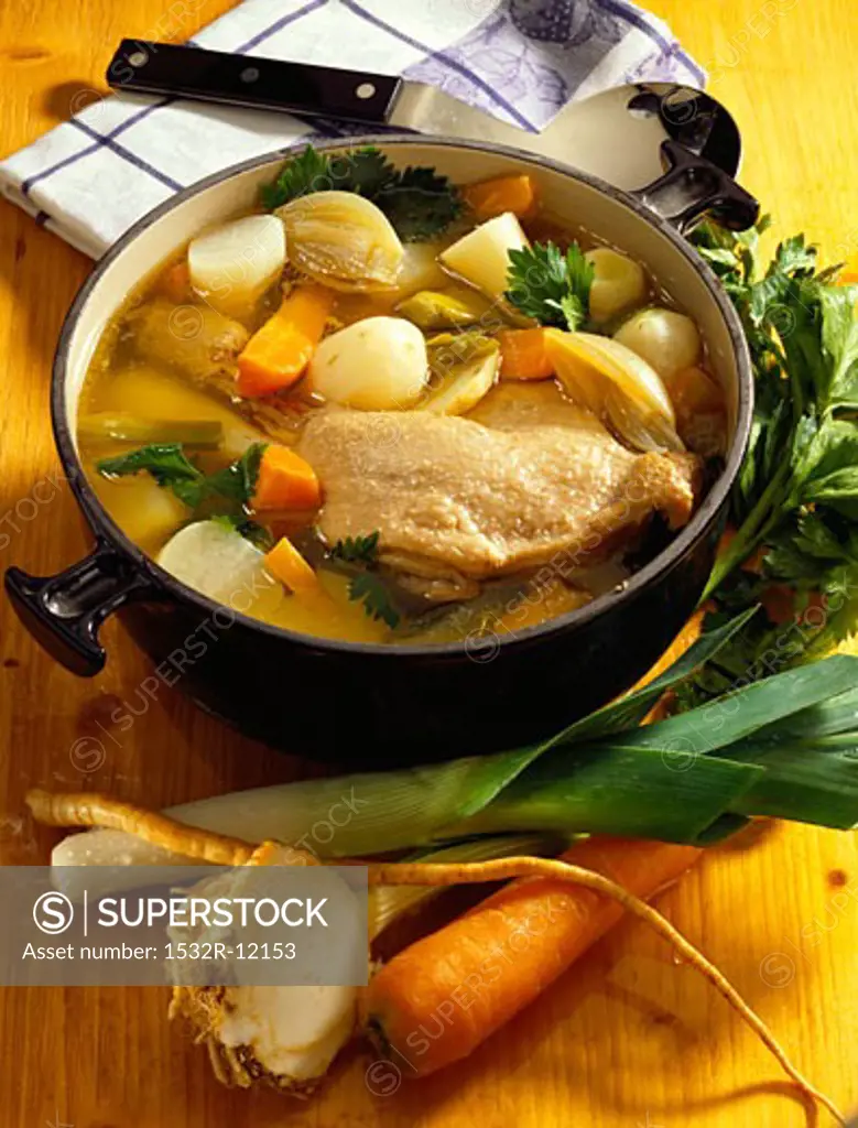 Duck soup with Teltow turnips in pan
