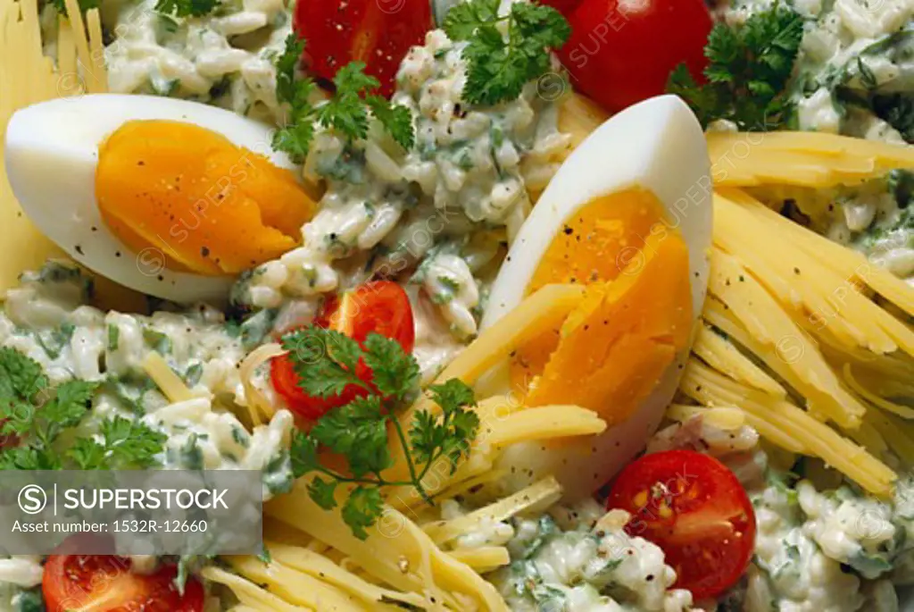 Rice salad with cheese, herbs and egg