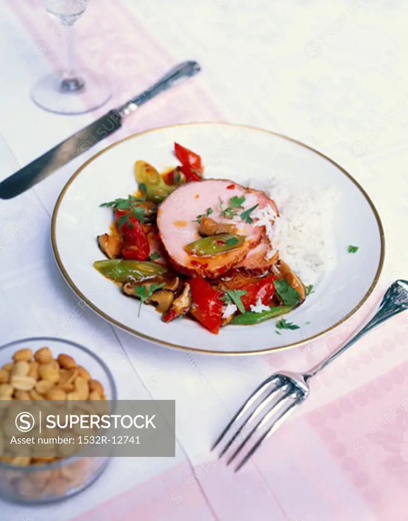 Smoked pork loin with Asian vegetables and rice