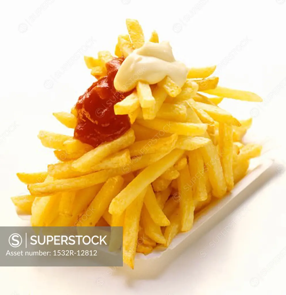 French Fries on a Paper Plate with Ketchup and Mayonnaise