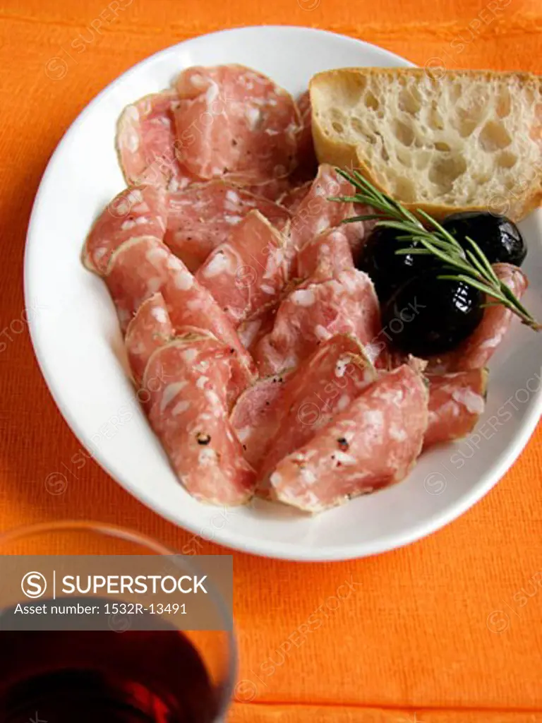 Sliced Genoa Salami and Black Olives and Bread