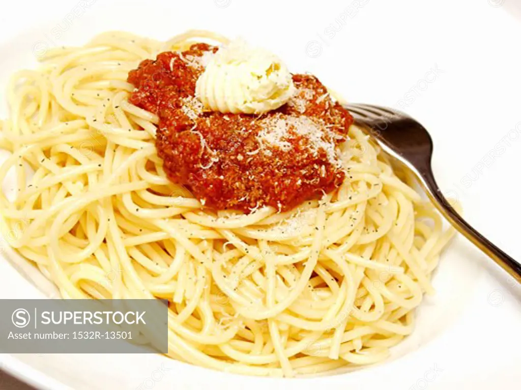 Spaghetti with Meat Sauce Topped with Butter