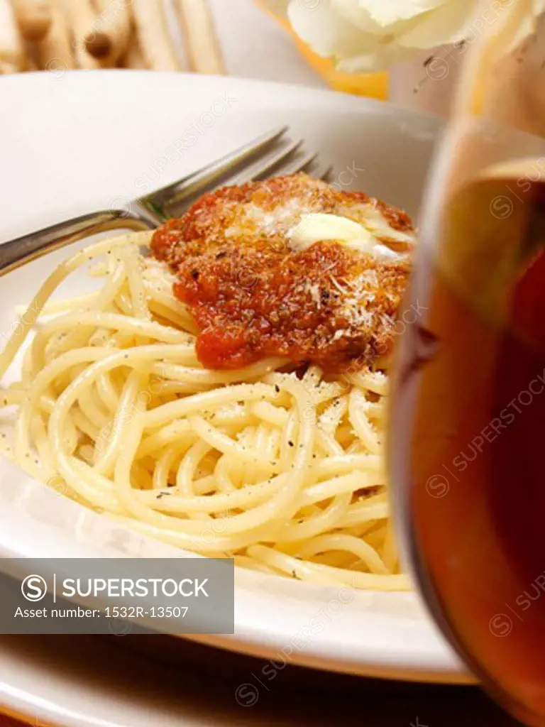 Spaghetti with Meat Sauce and a Glass of Red Wine