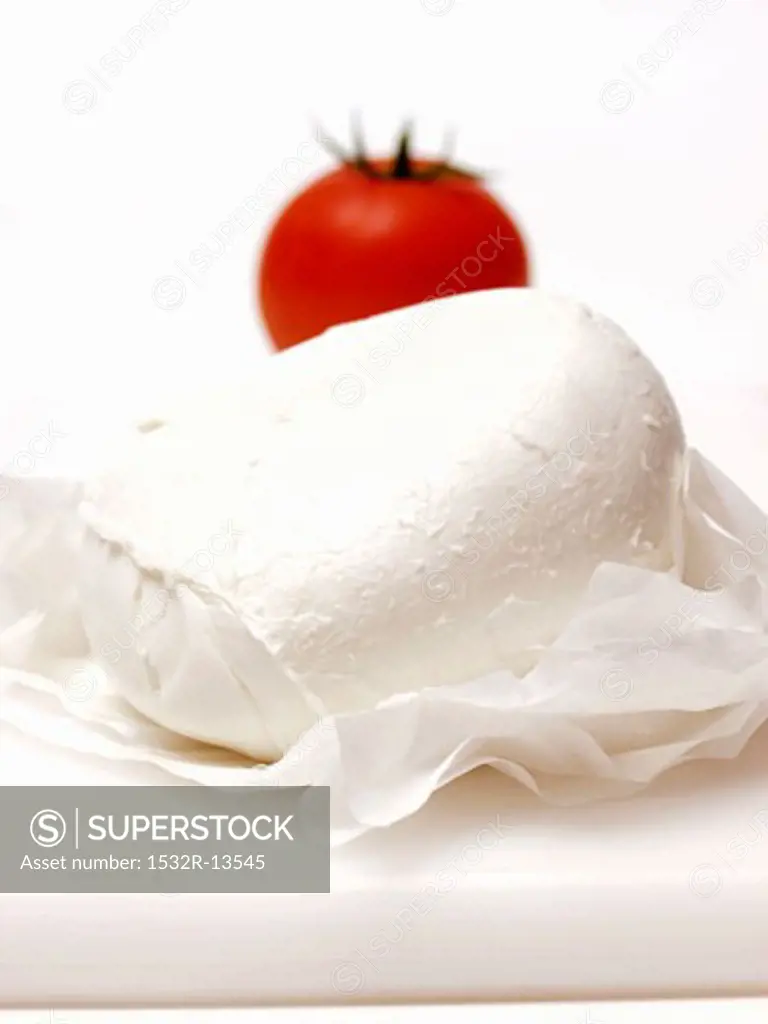 Mozzarella Cheese on Paper with Tomato in Background
