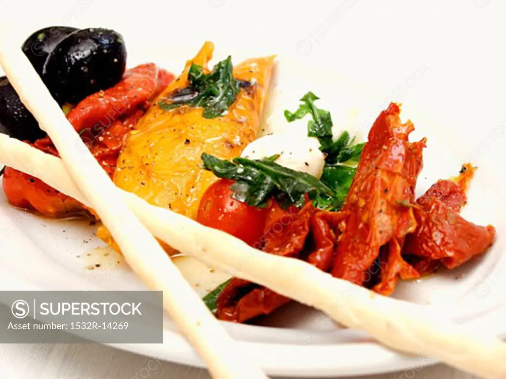 Antipasto with Marinated Vegetables and Bread Sticks