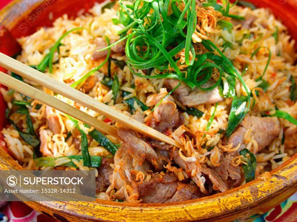 Nasi goreng with meat & spring onions in terracotta bowl