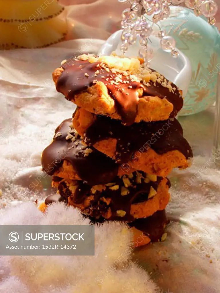 Chocolate biscuits with nuts in a pile