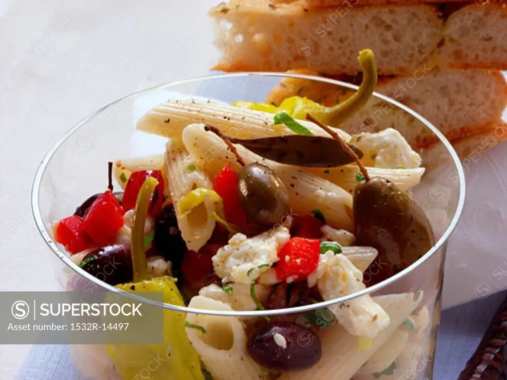 Greek pasta salad with olives & sheep's cheese