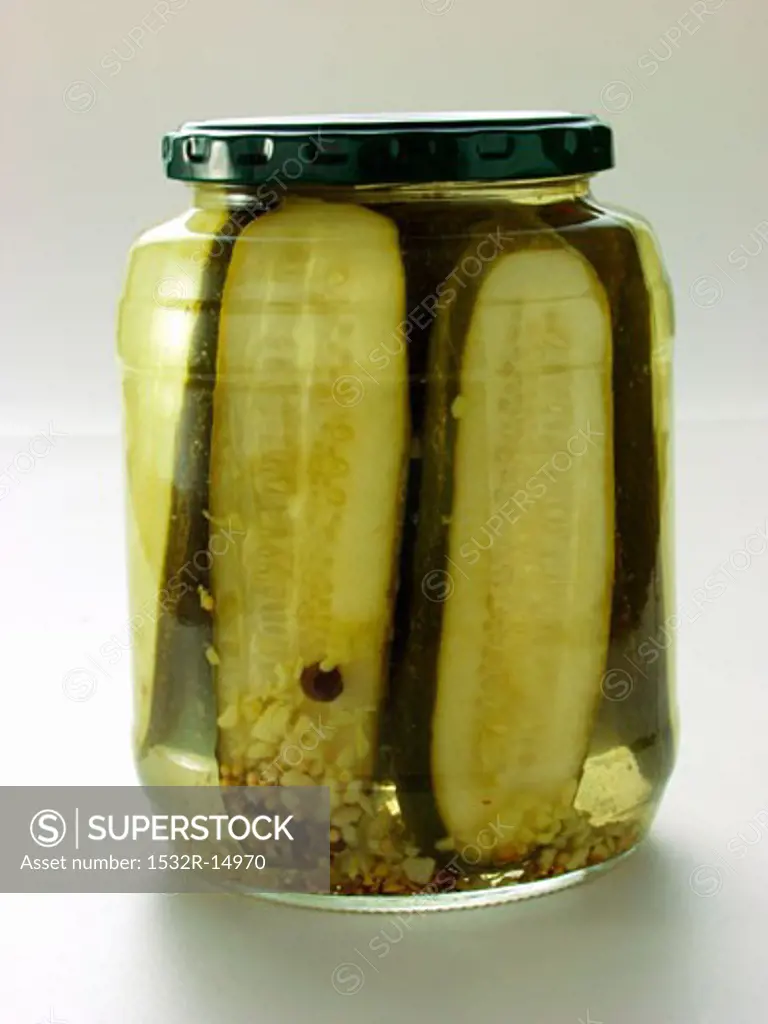 Jewish dill pickled gherkins (Kosher pickles) in jar