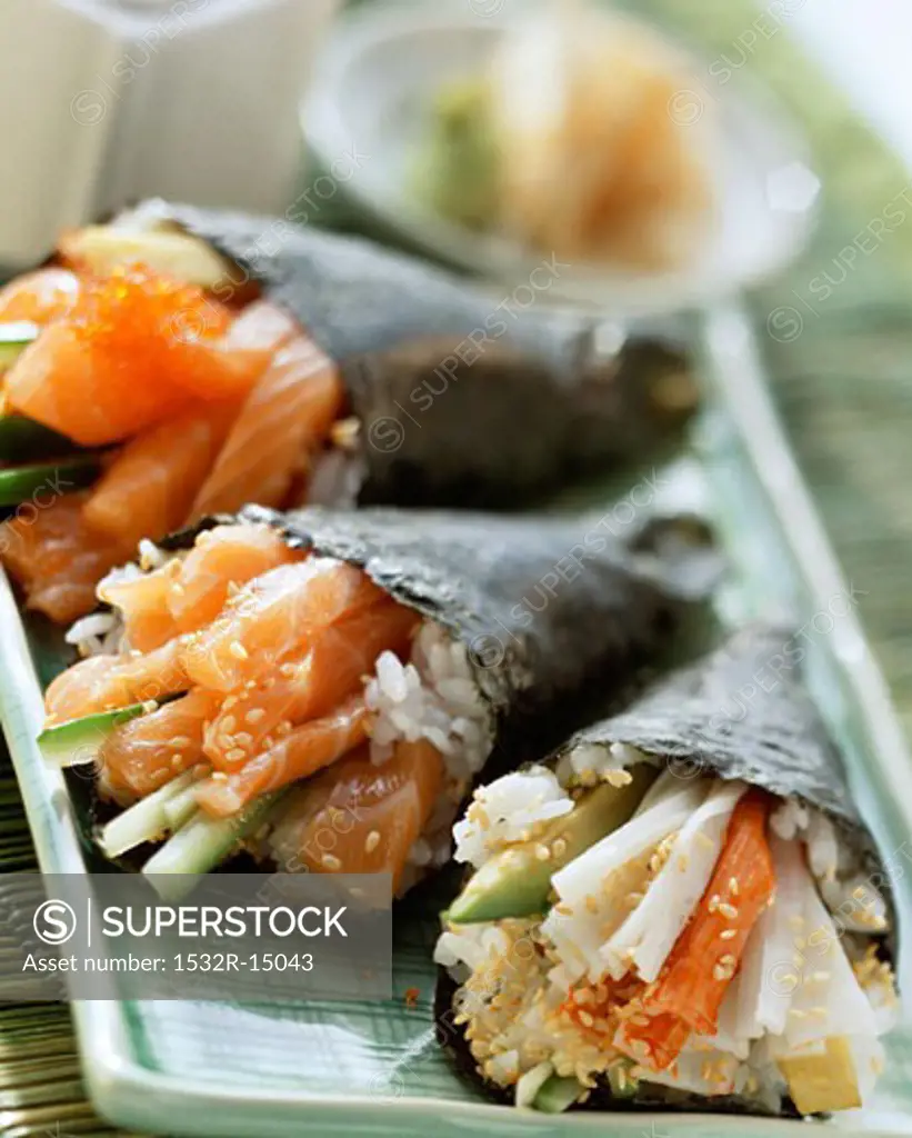 Assorted Temaki sushi with salmon and crabmeat