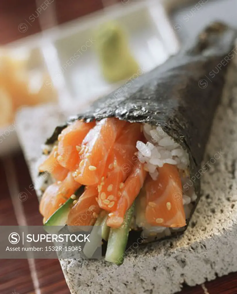 Temaki sushi with salmon and cucumber