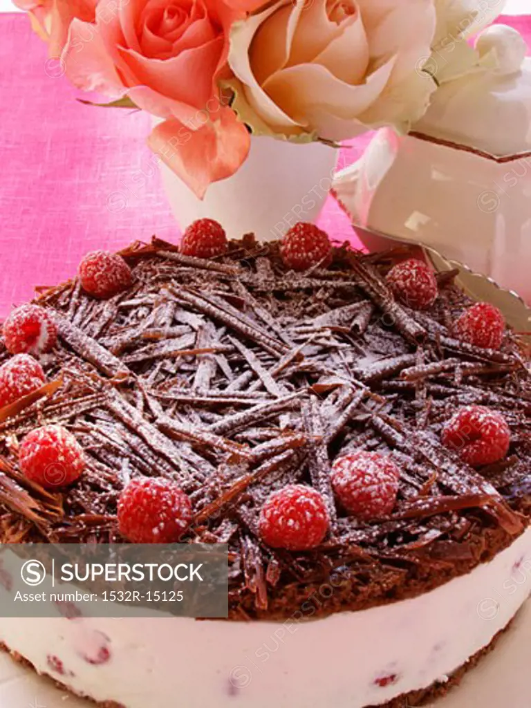 Chocolate raspberry gateau with icing sugar, roses