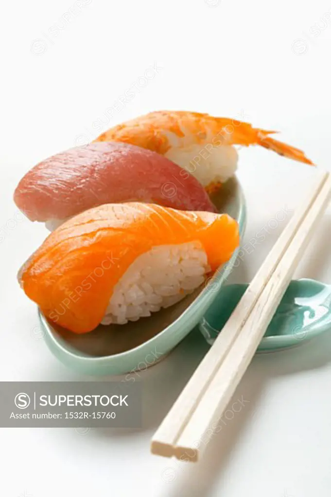 Nigiri sushi with salmon, tuna and shrimp