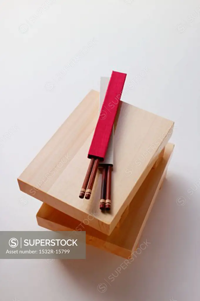 Japanese wooden boards for sushi, sashimi etc. with chopsticks