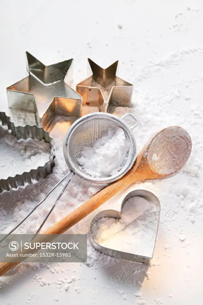 Baking utensils and icing sugar
