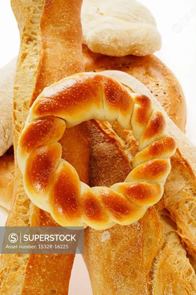 Flatbread, ciabatta, white bread ring and baguette